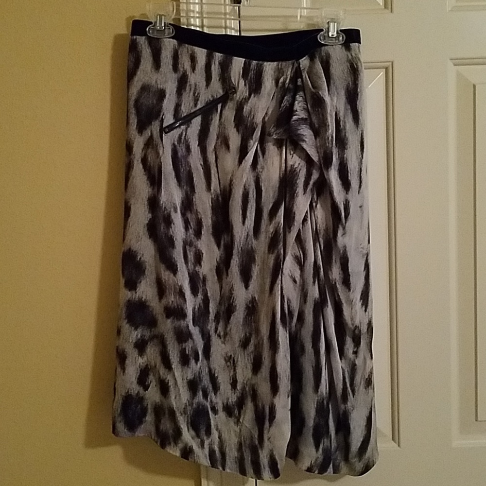 Silver Animal Print Silk Wrap Skirt w/ Ruffle